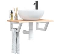 Qnhdfrt Piano lavabo in legno massello di rovere con supporto in acciaio bianco, 60 x 40 x 2 cm, per bagno, montaggio a parete, salvaspazio, soluzione robusta