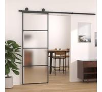 Qnhdfrt Porta scorrevole in alluminio e vetro temperato smerigliato 76 x 205 cm nero anta salvaspazio per soggiorno corridoio ufficio