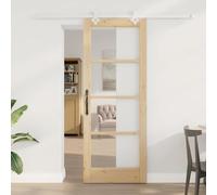 Qnhdfrt Porta scorrevole marrone, 78 x 202 cm, in legno di pino massiccio con binari in acciaio inox, design moderno, per soggiorno, sala da pranzo e ufficio, porta salva spazio