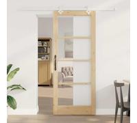 Qnhdfrt Porta scorrevole marrone 86 x 211 cm in legno massello di pino con sistema a binario in acciaio inox, porta salvaspazio con telaio, moderna porta interna per soggiorno e sala da pranzo