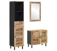 Qnhdfrt Set 3 Pezzi Mobili Bagno Sospesi in Legno di Mango Naturale | Arredo bagno salvaspazio sospeso a parete con specchio e armadio a colonna in legno di mango e manopole in ottone.