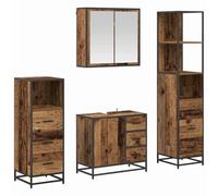 Qnhdfrt Set 4 Mobili Bagno con Specchio e Lavabo in Legno Ingegnerizzato | Set salvaspazio per toilette con mobile specchio, armadio sotto lavabo, colonna alta e mobiletto basso.