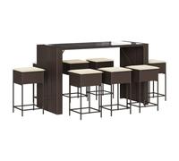 Qnhdfrt Set Bar da Giardino 9 pz Polyrattan Marrone Tavolo 8 Sgabelli | Elegante mobile da esterno per giardino e patio composto da un grande tavolo con piano in vetro temperato e 8 sgabelli.