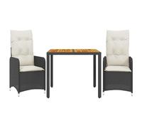 Qnhdfrt Set Bistrò da Giardino 3 Pezzi in Polyrattan Nero con Cuscini | Mobili da esterno per balcone e terrazzo con sedie reclinabili a leva e resistente piano tavolo in legno di acacia.