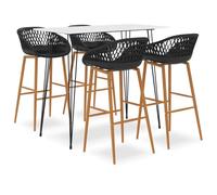 Qnhdfrt Set da bar da 5 pezzi con tavolo da bar 120 x 60 x 105 cm bianco e 4 sgabelli da bar neri, set moderno con gambe in metallo effetto legno, per cucina, sala da pranzo, pub e ristorante