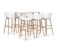 Qnhdfrt Set da bar da 7 pezzi, bianco, tavolo da bar con 6 sgabelli da bar, design moderno, 120 x 60 x 105 cm, con sgabelli ergonomici, gambe in metallo effetto legno, per cucina, bar e bistrot