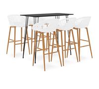 Qnhdfrt Set da bar da 7 pezzi con tavolo da bar e 6 sgabelli da bar, tavolo moderno da 120 x 60 x 105 cm, nero e sgabello bianco con gambe effetto legno, per cucina, sala da pranzo, bar e bistrot