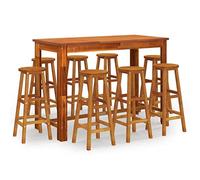 Qnhdfrt Set da Bar per Giardino 9 pz in Legno Massello di Acacia | Mobili alti da patio e terrazza con robusto tavolo da pranzo alto e otto sgabelli per aperitivi all'aperto.