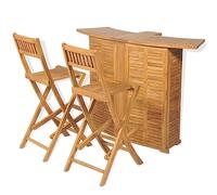 Qnhdfrt Set da bar pieghevole in legno di teak, 3 pezzi, tavolo da giardino con 2 sgabelli da bar, set da bistrò pieghevole per giardino e terrazza, con foro per ombrellone, portabottiglie e ripiani