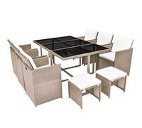 Qnhdfrt Set da Pranzo da Giardino 11 Pezzi in Polyrattan Beige | Set salotto per giardino e terrazzo con tavolo in vetro temperato, sedie pieghevoli e sgabelli salvaspazio eleganti.