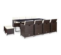 Qnhdfrt Set da pranzo da giardino, 13 pezzi, in polyrattan, marrone, 225 x 109 cm, con robusto telaio in acciaio e cuscini bianchi panna, per giardino, terrazza, balcone