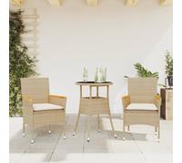 Qnhdfrt Set da pranzo da giardino, 3 pezzi, beige PE rattan con piano in vetro e cuscino bianco crema per terrazza, balcone, giardino