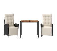 Qnhdfrt Set da Pranzo da Giardino 3 pz in Polyrattan con Cuscini Nero | Ideale per il terrazzo e il patio, include sedie reclinabili e piano in legno d acacia per pranzare all aperto.
