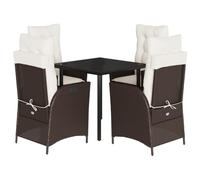 Qnhdfrt Set da pranzo da giardino, 5 pezzi, in polyrattan, per giardino e terrazza, tavolo da giardino con piano in vetro, 4 sedie da giardino regolabili con cuscini per seduta e schienale, marrone