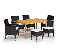 Qnhdfrt Set da pranzo da giardino, 6 cucchiai, in legno di acacia con 4 sedie, 2 sgabelli, in polietilene, rattan sintetico, per esterni, nero, bianco, crema, per terrazza, giardino, balcone