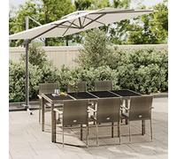 Qnhdfrt Set da pranzo da giardino, 6 sedie, tavolo grigio PE, in legno di acacacia, per esterni, resistente alle intemperie, con cuscino per terrazza, balcone, giardino