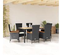 Qnhdfrt Set da pranzo da giardino, 7 cucchiai, nero, in rattan sintetico, con tavolo in legno di acacia e sedie regolabili per terrazza, giardino, balcone