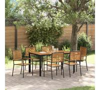 Qnhdfrt Set da pranzo da giardino, 7 pezzi, nero, rettangolare, per esterni, tavolo da pranzo e 6 sedie in metallo in acciaio con dettagli in legno di acacia, design moderno per terrazza e giardino