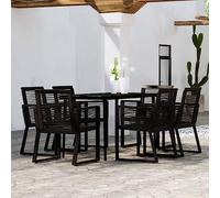 Qnhdfrt Set da pranzo da giardino, 7 pezzi, tavolo da esterno e 6 sedie, colore nero, con piano in vetro e rattan PVC, per terrazza, balcone, giardino
