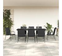 Qnhdfrt Set da pranzo da giardino, 9 pezzi, nero, con telaio in acciaio e imbottitura in textilene, per terrazza, giardino o balcone, con 8 sedie e tavolo in vetro di sicurezza