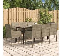 Qnhdfrt Set da pranzo da giardino, 9 pezzi, nero, grigio, con cuscino, in polietilene, per terrazze, balconi e giardini