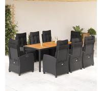 Qnhdfrt Set da pranzo da giardino, 9 pezzi, nero, in rattan sintetico, con tavolo in legno di acacia e 8 sedie, cuscino per terrazza, giardino, balcone