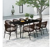 Qnhdfrt Set da pranzo da giardino, 9 pezzi, nero, marrone, con tavolo in vetro e 8 sedie, per terrazza, balcone, giardino