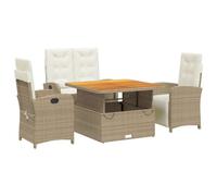 Qnhdfrt Set da pranzo da giardino in polyrattan, 4 pezzi, con schienale regolabile, tavolo da giardino con funzione di sollevamento, 2 sedie a sdraio, 1 panca da giardino, cuscino incluso, beige