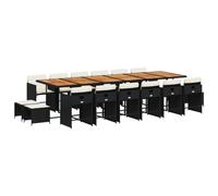 Qnhdfrt Set da pranzo da giardino in polyrattan da 17 pezzi, set da pranzo per giardino e terrazza, tavolo da giardino con piano in legno di acacia, 12 sedie e 4 sgabelli con cuscini, set cubi