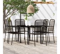 Qnhdfrt Set da pranzo da giardino, nero, 7 pezzi, con piano in vetro e corda di cotone, per terrazza, balcone e cucina