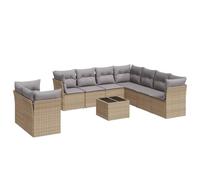 Qnhdfrt Set di 10 divani da giardino in polyrattan con tavolo, set modulare per terrazza e giardino, beige, con cuscini e contenitore