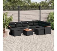 Qnhdfrt Set di 10 pezzi da giardino in rattan PE nero con cuscino e tavolo in legno di acacia per terrazza, giardino e balcone