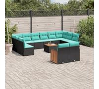 Qnhdfrt Set di 13 divani da giardino in polyrattan, colore nero, con tavolo in legno di acacia, 55 x 55 cm, modulare, per esterni, con cuscino in fibra di cotone, design moderno, per balcone, terrazza