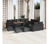 Qnhdfrt Set di 14 divani da giardino in polyrattan nero con cuscino e legno di acacia, struttura modulare per un massimo di 6 persone, facile da pulire, per giardino, balcone e terrazza