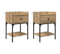 Qnhdfrt Set di 2 Comodini Effetto Rovere e Acciaio, 40x29x60 cm | Coppia di tavolini da notte salvaspazio con cassetto e ripiani a giorno, ideale per la camera da letto o il soggiorno.