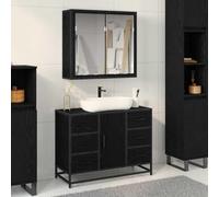 Qnhdfrt Set di 2 mobili da bagno in rovere nero, 80 x 33 x 60 cm, con 6 cassetti, 3 ante e specchio piatto, piccolo mobile da bagno, credenza per bagni di piccole e medie dimensioni