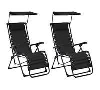 Qnhdfrt Set di 2 sedie a sdraio pieghevoli, colore nero, con tettuccio parasole e poggiatesta imbottito, resistenti alle intemperie, in textilene e telaio in acciaio, per giardino, balcone e spiaggia