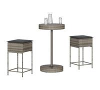 Qnhdfrt Set di 3 bar da giardino grigio polyrattan, 60,5 cm, 2 sgabelli da bar con cuscini spessi, resistenti ai raggi UV, piccolo risparmio di spazio, per balcone e terrazza