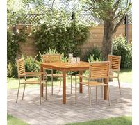 Qnhdfrt Set di 5 tovagliette da pranzo da giardino, rettangolare, 4 posti, in rattan sintetico e legno di acacia, con sedie impilabili, per uso esterno su terrazze, balconi, giardini