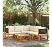 Qnhdfrt Set di 6 divani da giardino in legno di acacia con rattan PE e cuscini color crema, design modulare per giardino, terrazza, balcone