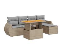 Qnhdfrt Set di 6 divani da giardino in polyrattan beige, set di sedute modulari per terrazza e giardino, con vano portaoggetti sotto le sedute e tavolo regolabile in altezza in legno di acacia