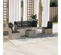 Qnhdfrt Set di 6 divani da giardino, in rattan PE grigio chiaro, con tavolo in vetro e cuscino per terrazza, giardino, balcone, salone
