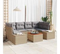 Qnhdfrt Set di 7 divani da giardino beige grigio chiaro in polyrattan e legno di acacia con spazio 55 x 55 x 37 cm, resistente alle intemperie e modulare per terrazze, balconi e giardini