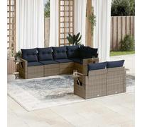 Qnhdfrt Set di 7 divani da giardino grigio polyrattan, 62 x 62 x 69 cm, con tavolo a gas e cuscino blu navy, resistente ai raggi UV, modulare, per balcone, terrazza, giardino