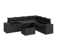 Qnhdfrt Set di 7 divani da giardino in polyrattan, set lounge per terrazza, con vano portaoggetti sotto le sedute, tavolo regolabile in altezza, modulare e cuscino incluso, colore: nero