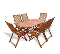 Qnhdfrt Set di 7 pezzi in legno di acacia, tavolo da pranzo ovale pieghevole con 6 sedie regolabili, set da giardino per terrazza, balcone e giardino