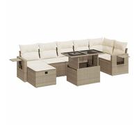 Qnhdfrt Set di 8 divani da giardino, in polyrattan, per terrazza e giardino, con vano portaoggetti, tavolo pieghevole e cuscino per seduta, modulare, beige