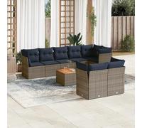 Qnhdfrt Set di 9 pezzi per divano da giardino, grigio con cuscino in rattan e legno di acacia, tavolo per terrazza, giardino, balcone