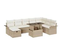 Qnhdfrt Set di divani da giardino 9 pezzi con vano portaoggetti, gruppo lounge modulare in polyrattan, con cuscini e tavolo da giardino con regolazione in altezza, per terrazza e giardino, beige