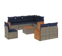 Qnhdfrt Set di divani da giardino, 9 pezzi, in polyrattan, per terrazza e giardino, con tavolo in legno di acacia, divano angolare componibile, con cuscini per seduta e schienale, grigio